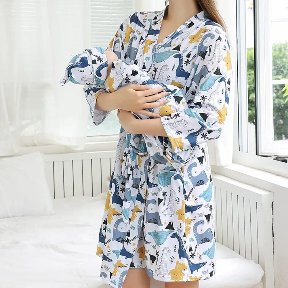 AWIBMK Mom and Me Robe and Swaddle Set and T-Shirt Hospital Labor Delivery Swaddling with Headband Hat for Mom Dad Baby