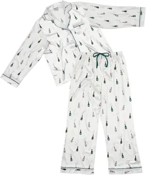 Bella Matching Pajama Sleep Set For Women, Long Sleeve and Pant 2-Piece Loungewear, Polyester Satin Champagne Bottles, Large