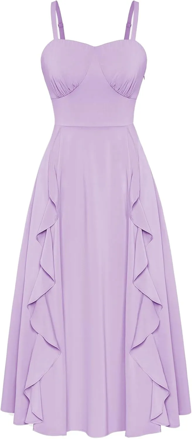 Belle Poque Sun Dresses for Women 2025 Boho Midi Dresses Casual Spaghetti Ruffle Dress Wedding Guest Dresses for Women