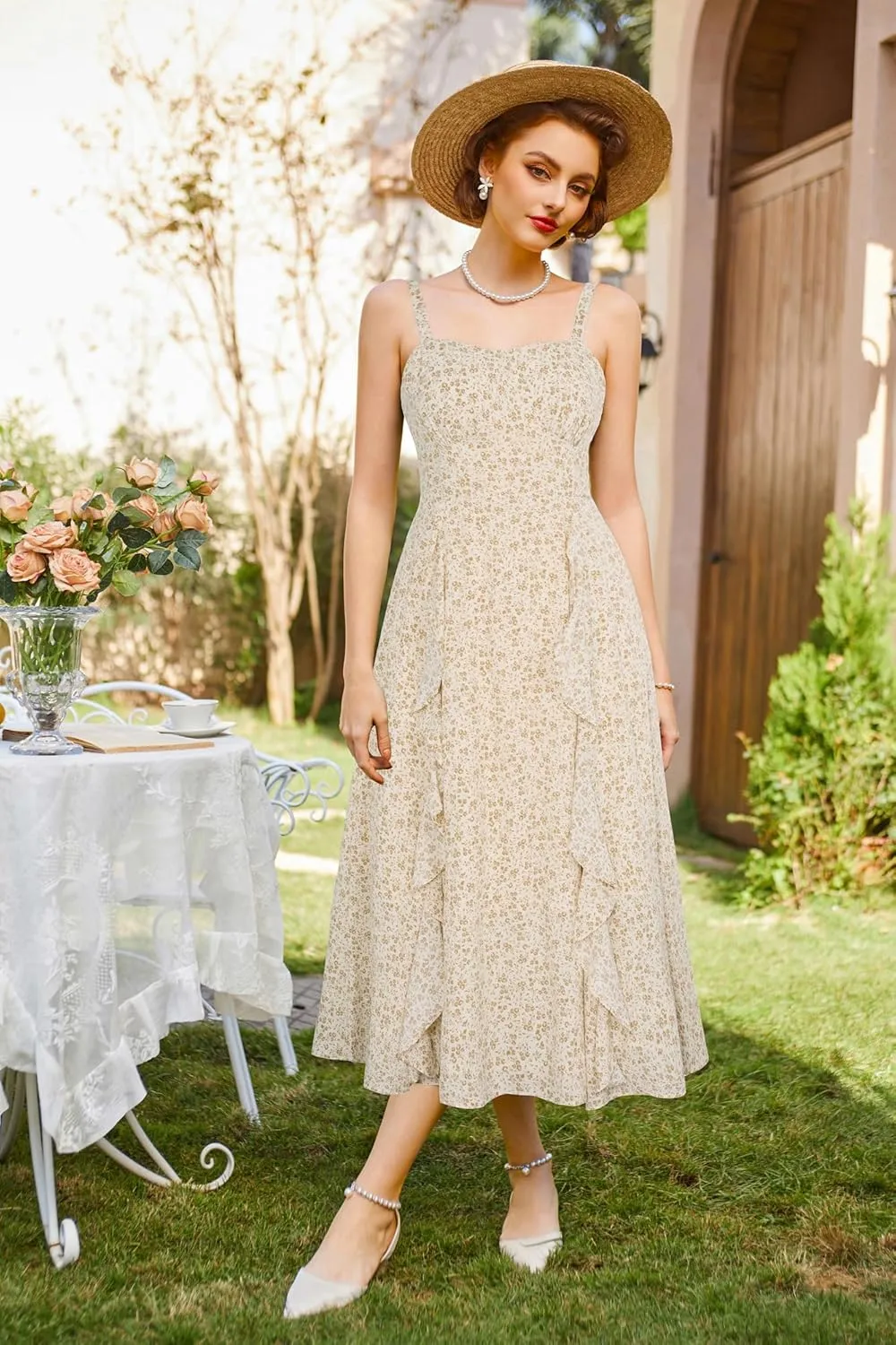 Belle Poque Sun Dresses for Women 2025 Boho Midi Dresses Casual Spaghetti Ruffle Dress Wedding Guest Dresses for Women