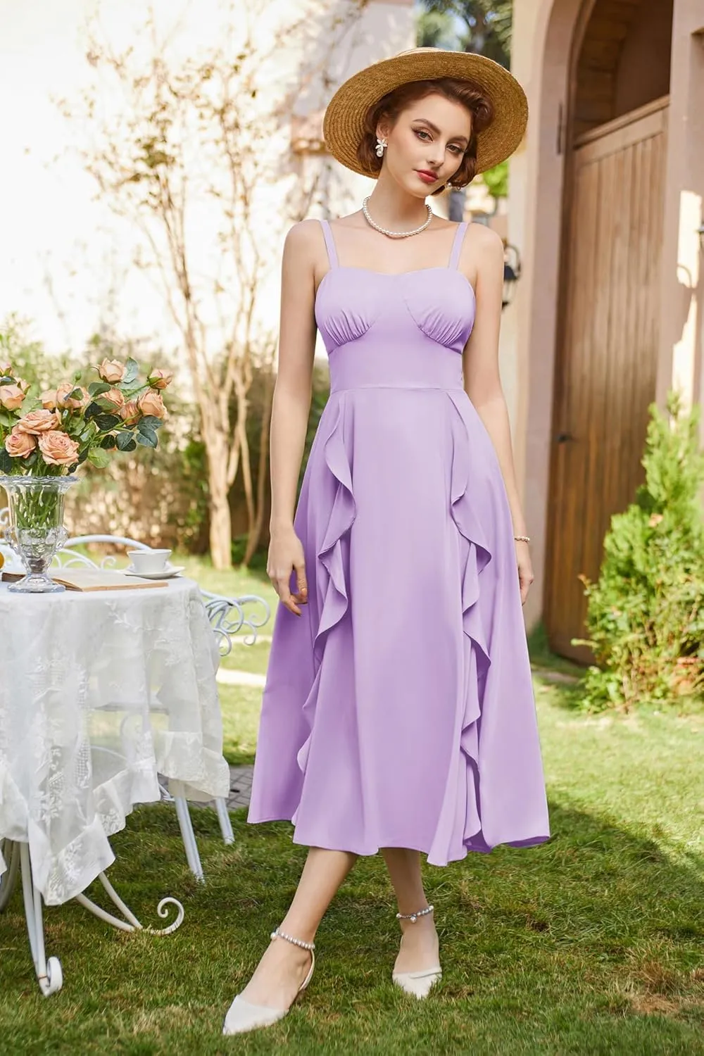 Belle Poque Sun Dresses for Women 2025 Boho Midi Dresses Casual Spaghetti Ruffle Dress Wedding Guest Dresses for Women