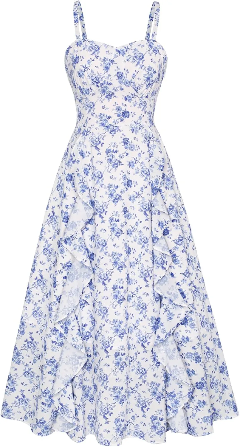 Belle Poque Sun Dresses for Women 2025 Boho Midi Dresses Casual Spaghetti Ruffle Dress Wedding Guest Dresses for Women