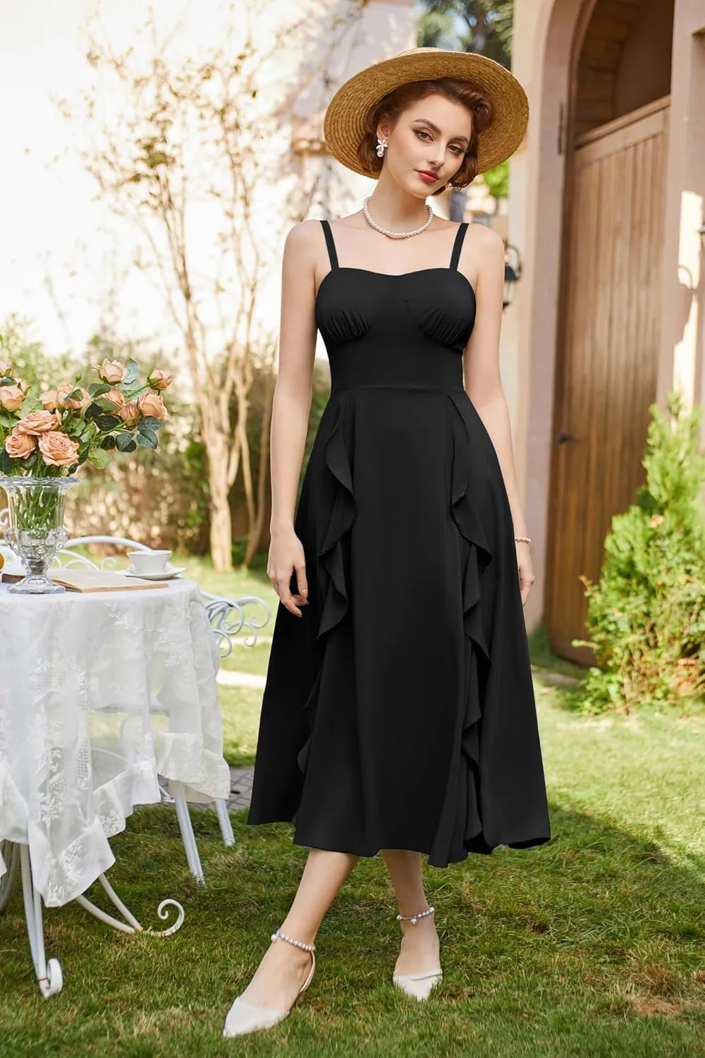 Belle Poque Sun Dresses for Women 2025 Boho Midi Dresses Casual Spaghetti Ruffle Dress Wedding Guest Dresses for Women