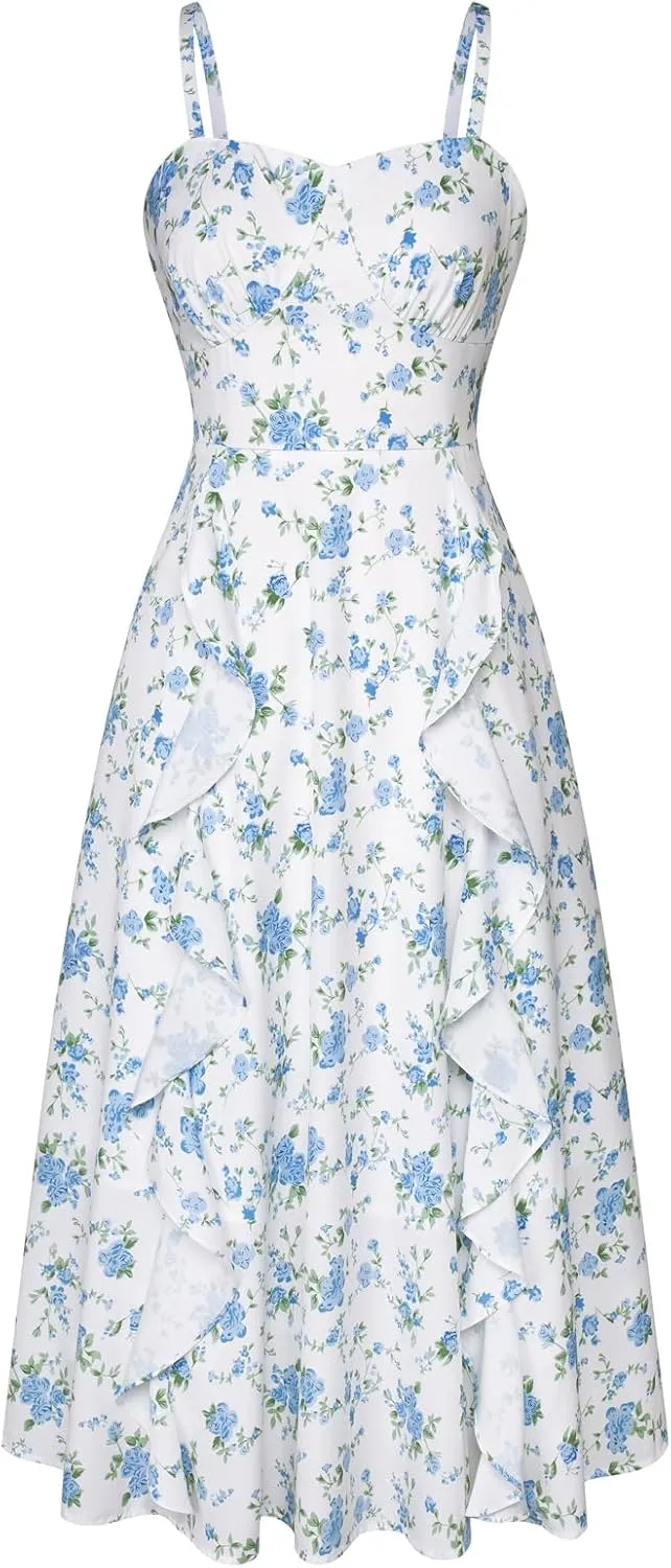 Belle Poque Sun Dresses for Women 2025 Boho Midi Dresses Casual Spaghetti Ruffle Dress Wedding Guest Dresses for Women