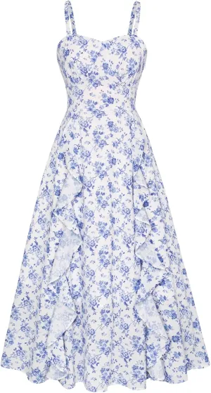 Belle Poque Sun Dresses for Women 2025 Boho Midi Dresses Casual Spaghetti Ruffle Dress Wedding Guest Dresses for Women