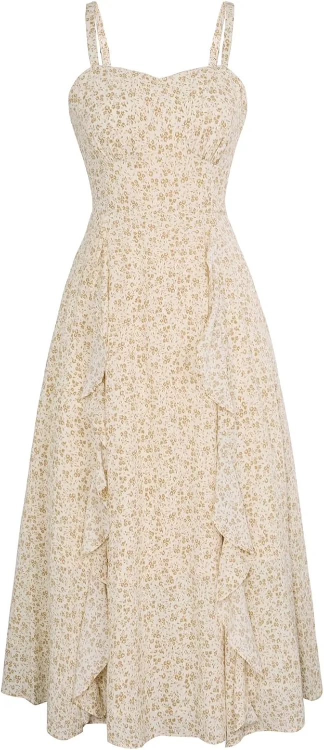 Belle Poque Sun Dresses for Women 2025 Boho Midi Dresses Casual Spaghetti Ruffle Dress Wedding Guest Dresses for Women