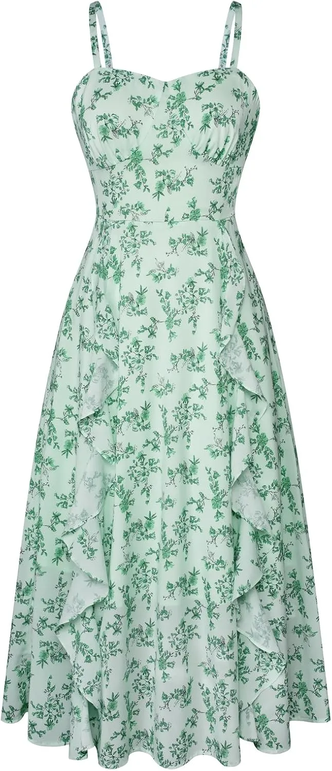 Belle Poque Sun Dresses for Women 2025 Boho Midi Dresses Casual Spaghetti Ruffle Dress Wedding Guest Dresses for Women