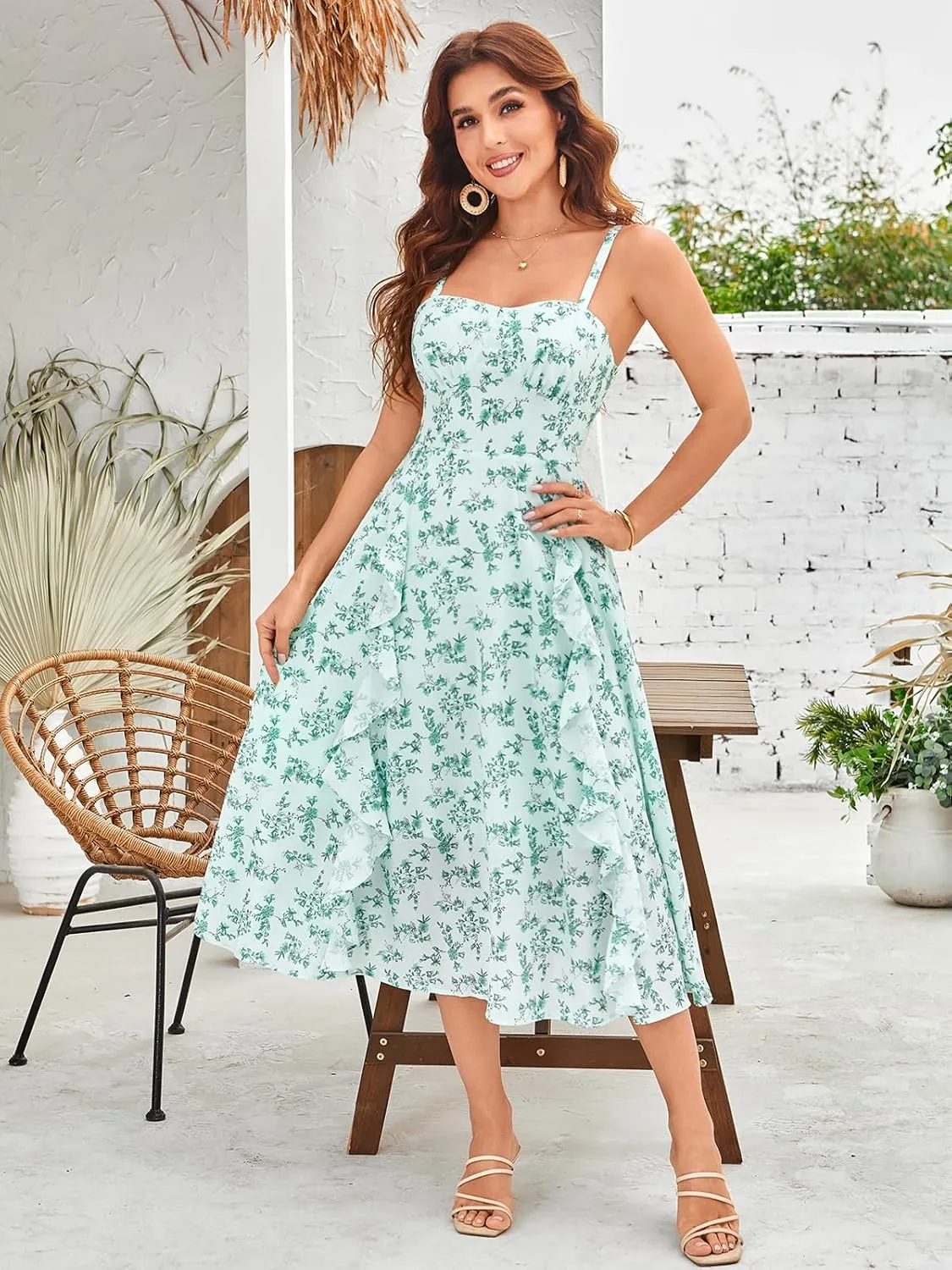 Belle Poque Sun Dresses for Women 2025 Boho Midi Dresses Casual Spaghetti Ruffle Dress Wedding Guest Dresses for Women