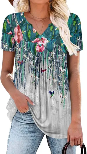 BETTE BOUTIK Womens Short Sleeve Tunics V Neck Button Down Shirts Blouse Tops Pullover S-3XL