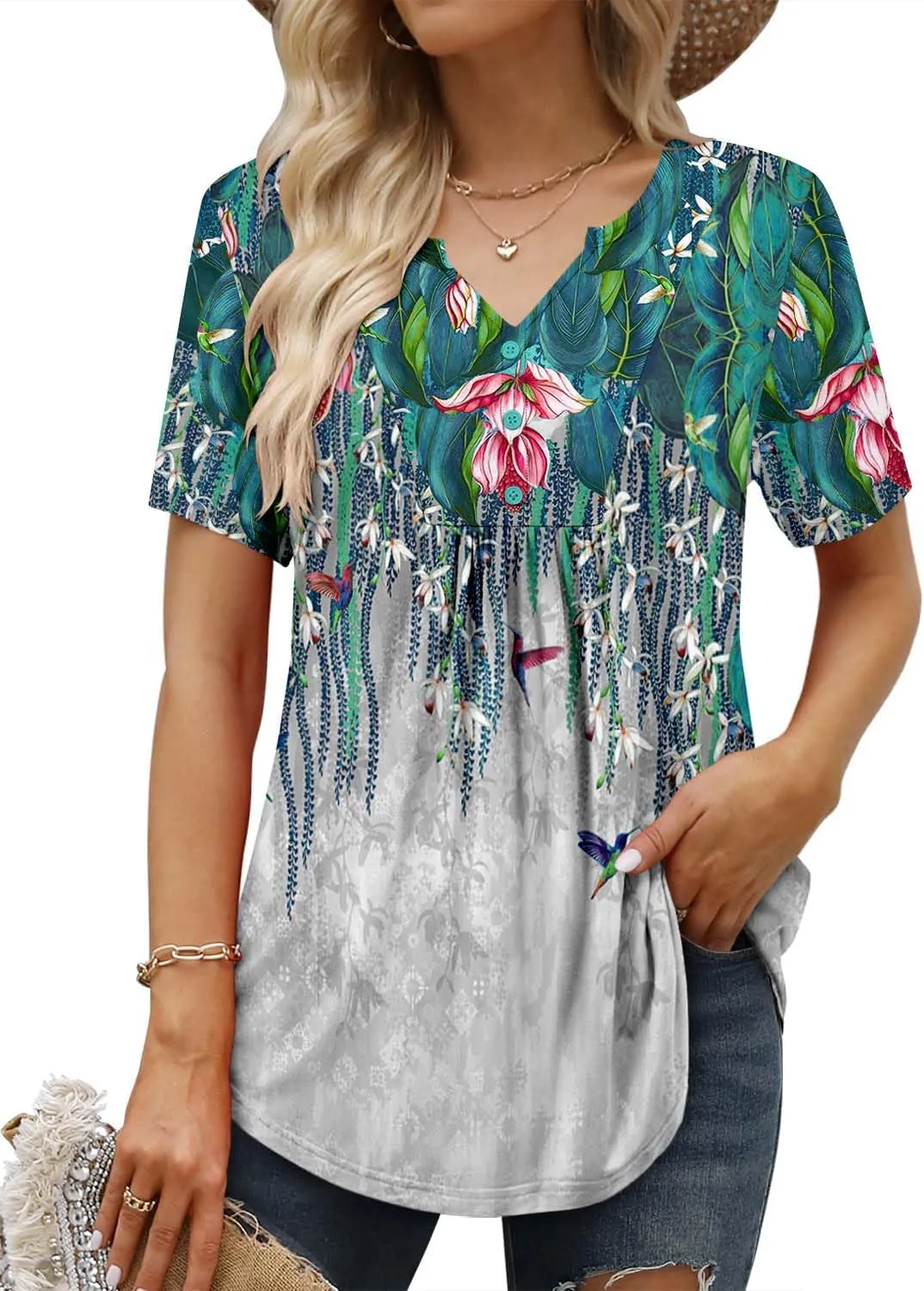 BETTE BOUTIK Womens Short Sleeve Tunics V Neck Button Down Shirts Blouse Tops Pullover S-3XL