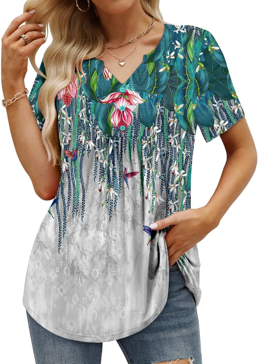 BETTE BOUTIK Womens Short Sleeve Tunics V Neck Button Down Shirts Blouse Tops Pullover S-3XL