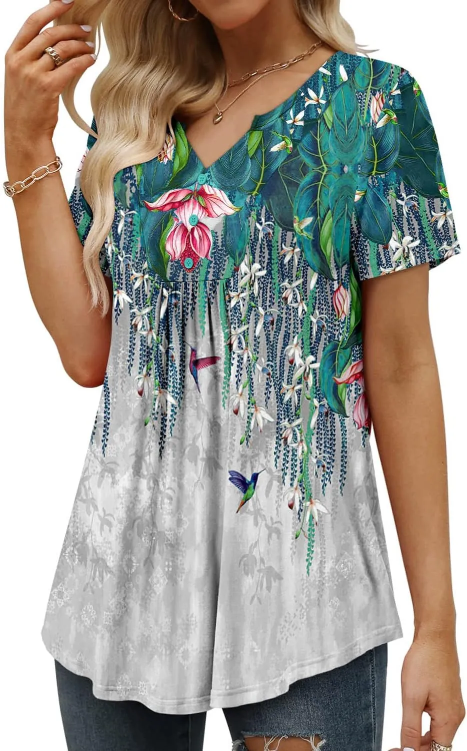 BETTE BOUTIK Womens Short Sleeve Tunics V Neck Button Down Shirts Blouse Tops Pullover S-3XL