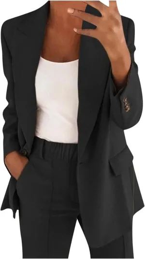 Blazer Sets Women 2 Piece Outfits Open Front Business Casual Jackets Elastic Waist Dress Pants Fashion Suit Sets