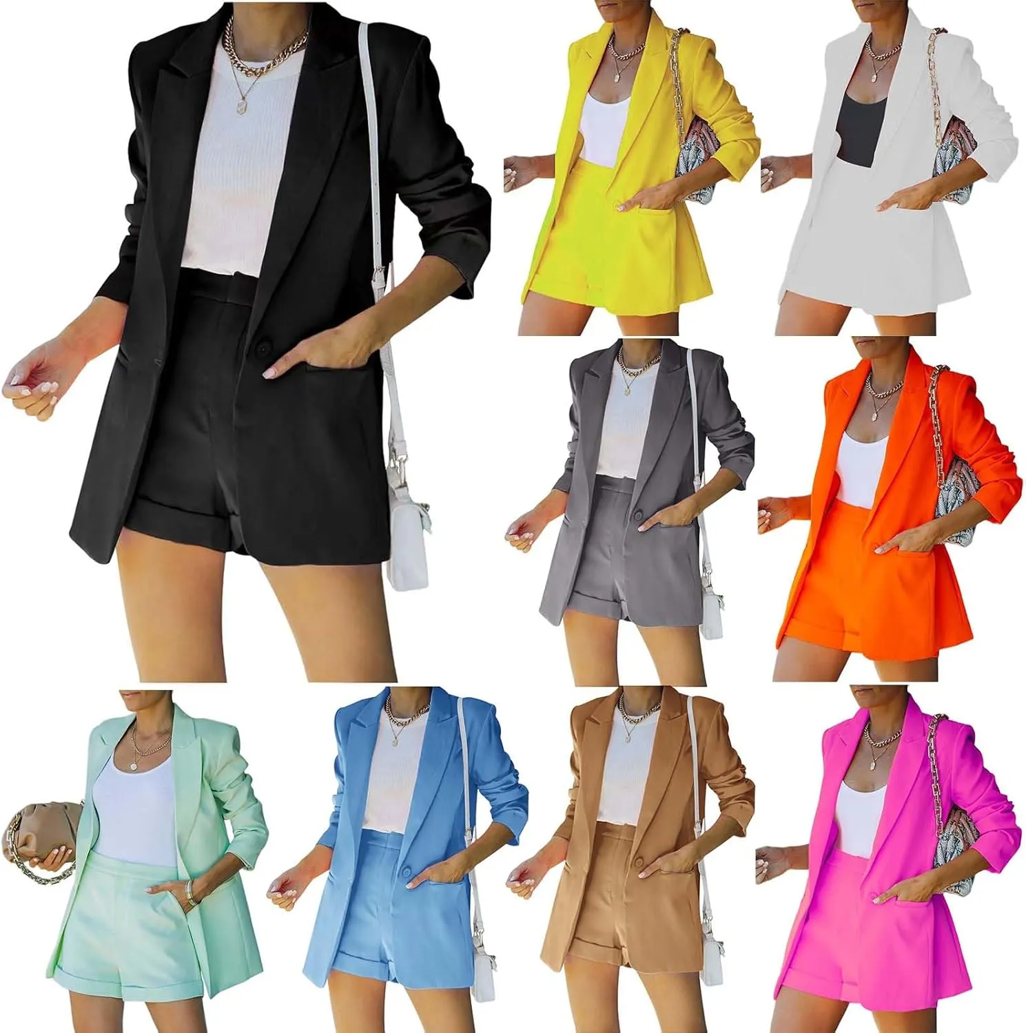 Blazer Shorts Set Women 2 Piece Outfits Long Sleeve Button Down Blazers and Shorts Business Suit Sets