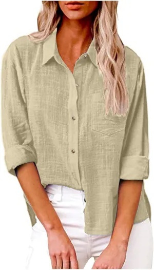Blouses & Button-Down Shirts Women Lapel Long Sleeve Linen Summer Dressy Tops Loose Fit Cotton Cardigan Tunics