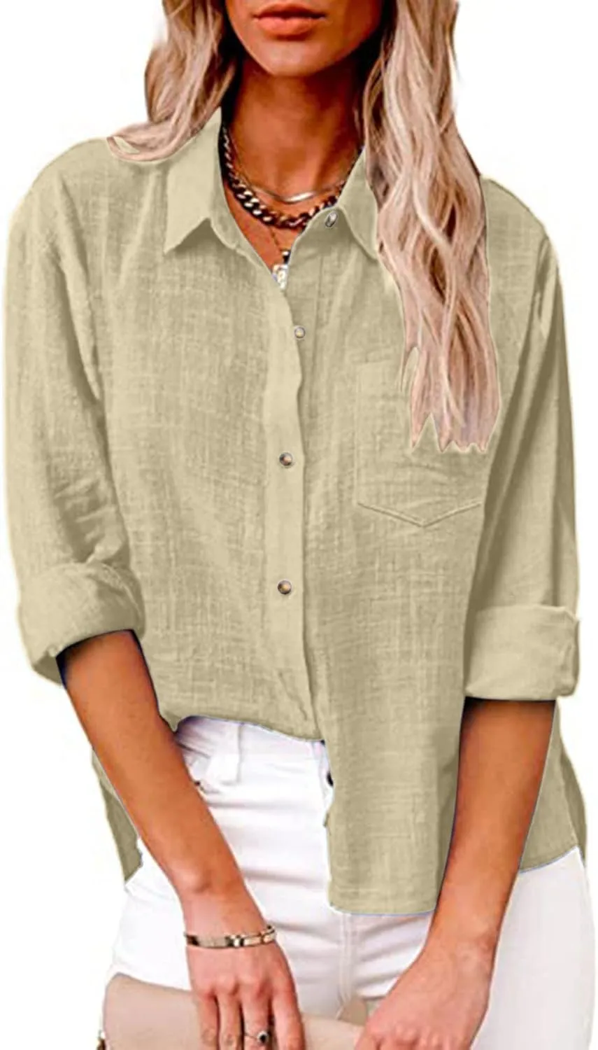 Blouses & Button-Down Shirts Women Lapel Long Sleeve Linen Summer Dressy Tops Loose Fit Cotton Cardigan Tunics