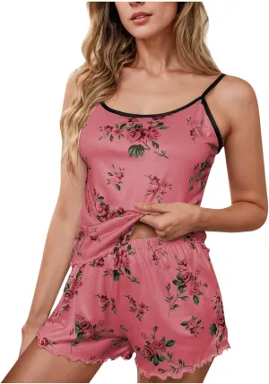 Boho Floral Cami Pajama Sets for Women Frill Trim 2 Piece Outfit Soft Comfy Tank Tops and Shorts Sleepwear Lounge