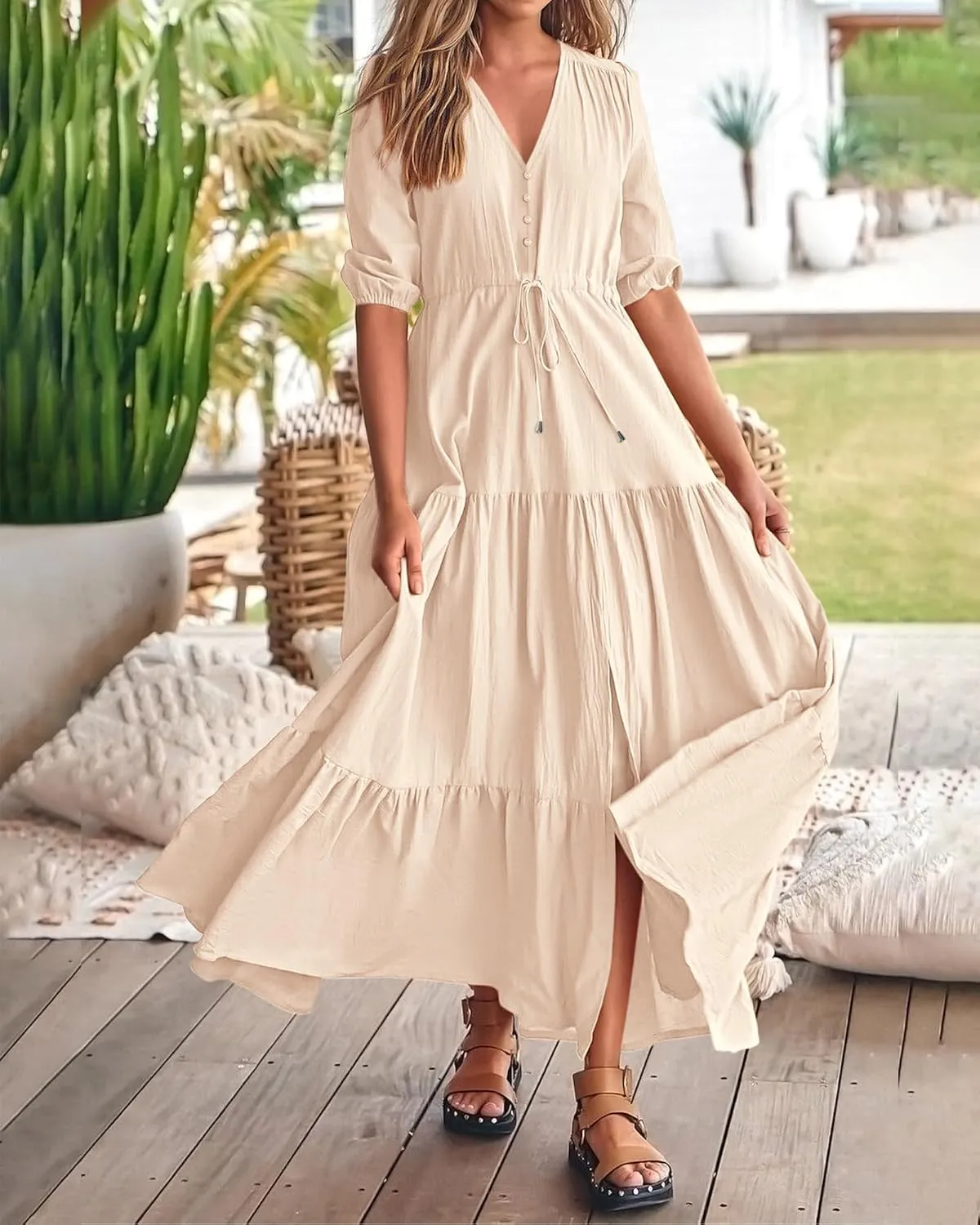 BTFBM Women Summer Dresses Short Sleeves V Neck Button Drawstring Maxi Dresses Solid Color Boho Long Dresses