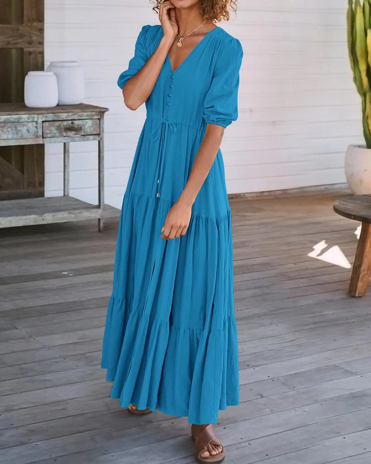 BTFBM Women Summer Dresses Short Sleeves V Neck Button Drawstring Maxi Dresses Solid Color Boho Long Dresses