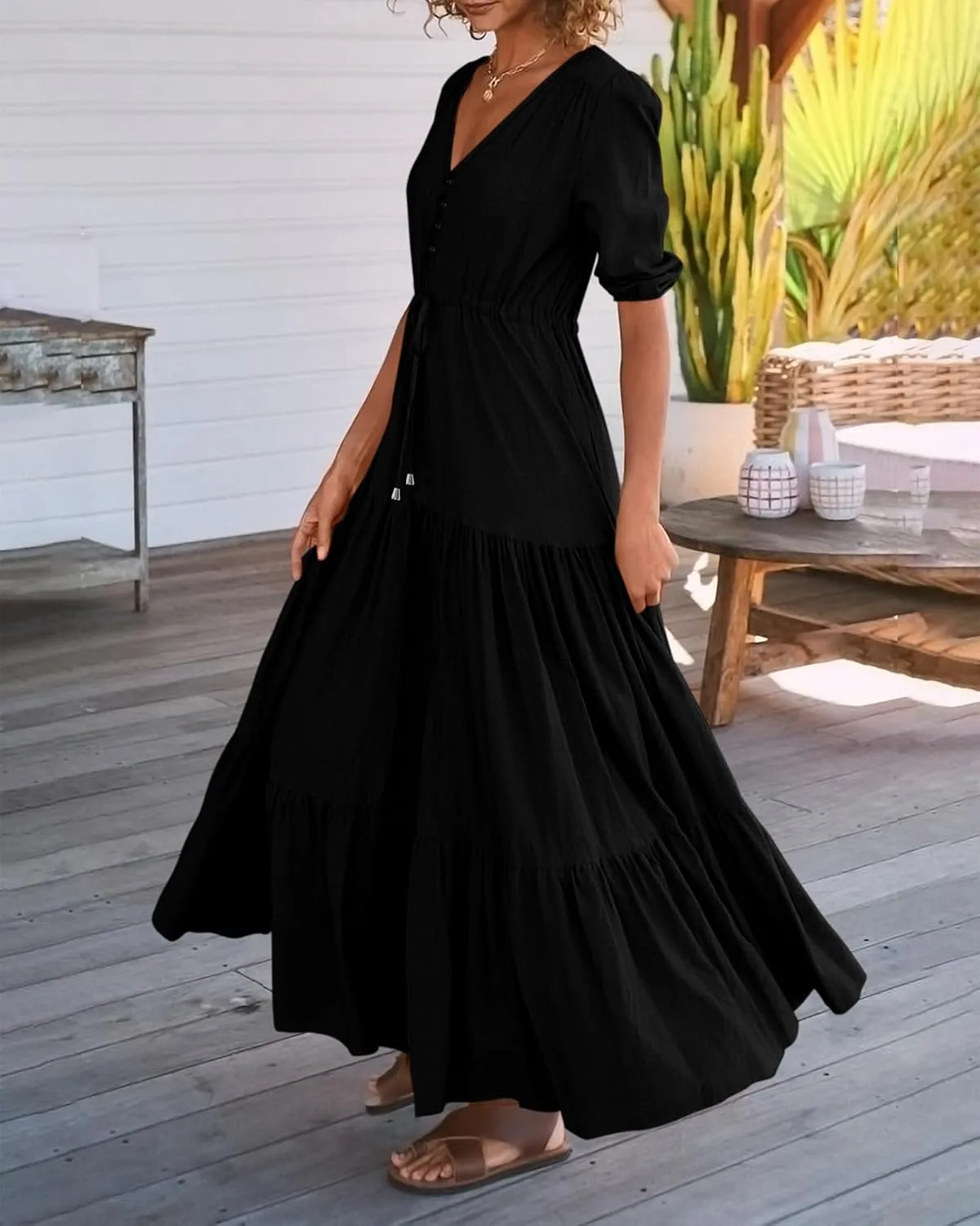 BTFBM Women Summer Dresses Short Sleeves V Neck Button Drawstring Maxi Dresses Solid Color Boho Long Dresses