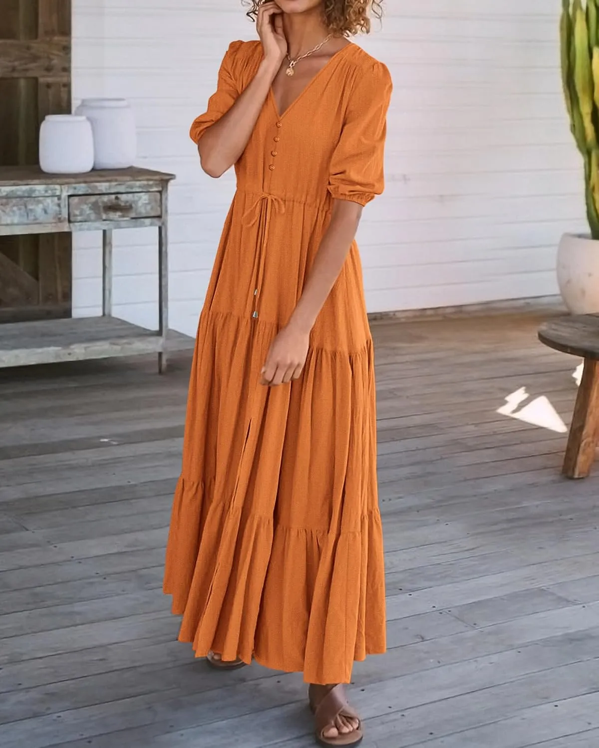 BTFBM Women Summer Dresses Short Sleeves V Neck Button Drawstring Maxi Dresses Solid Color Boho Long Dresses