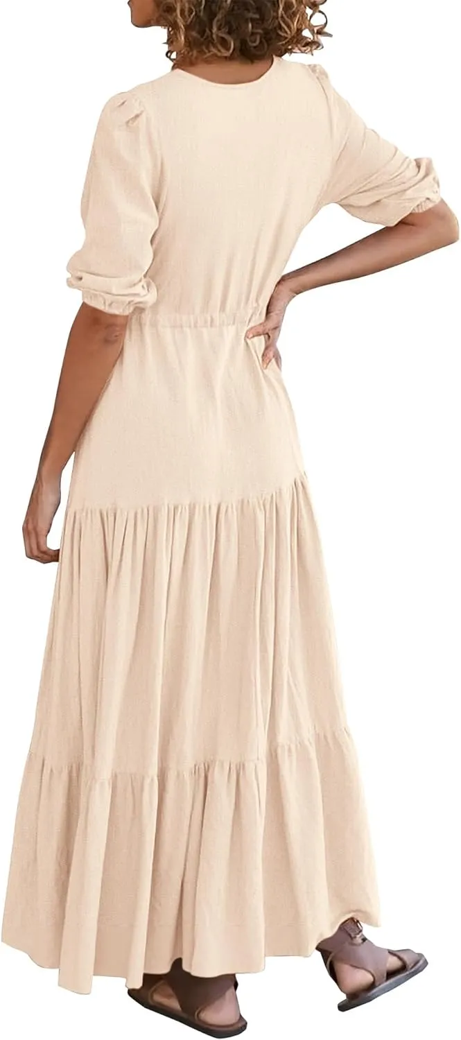 BTFBM Women Summer Dresses Short Sleeves V Neck Button Drawstring Maxi Dresses Solid Color Boho Long Dresses