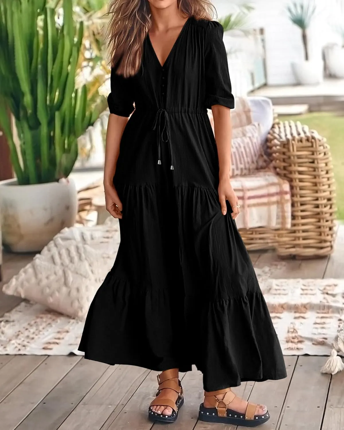 BTFBM Women Summer Dresses Short Sleeves V Neck Button Drawstring Maxi Dresses Solid Color Boho Long Dresses