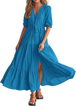 BTFBM Women Summer Dresses Short Sleeves V Neck Button Drawstring Maxi Dresses Solid Color Boho Long Dresses