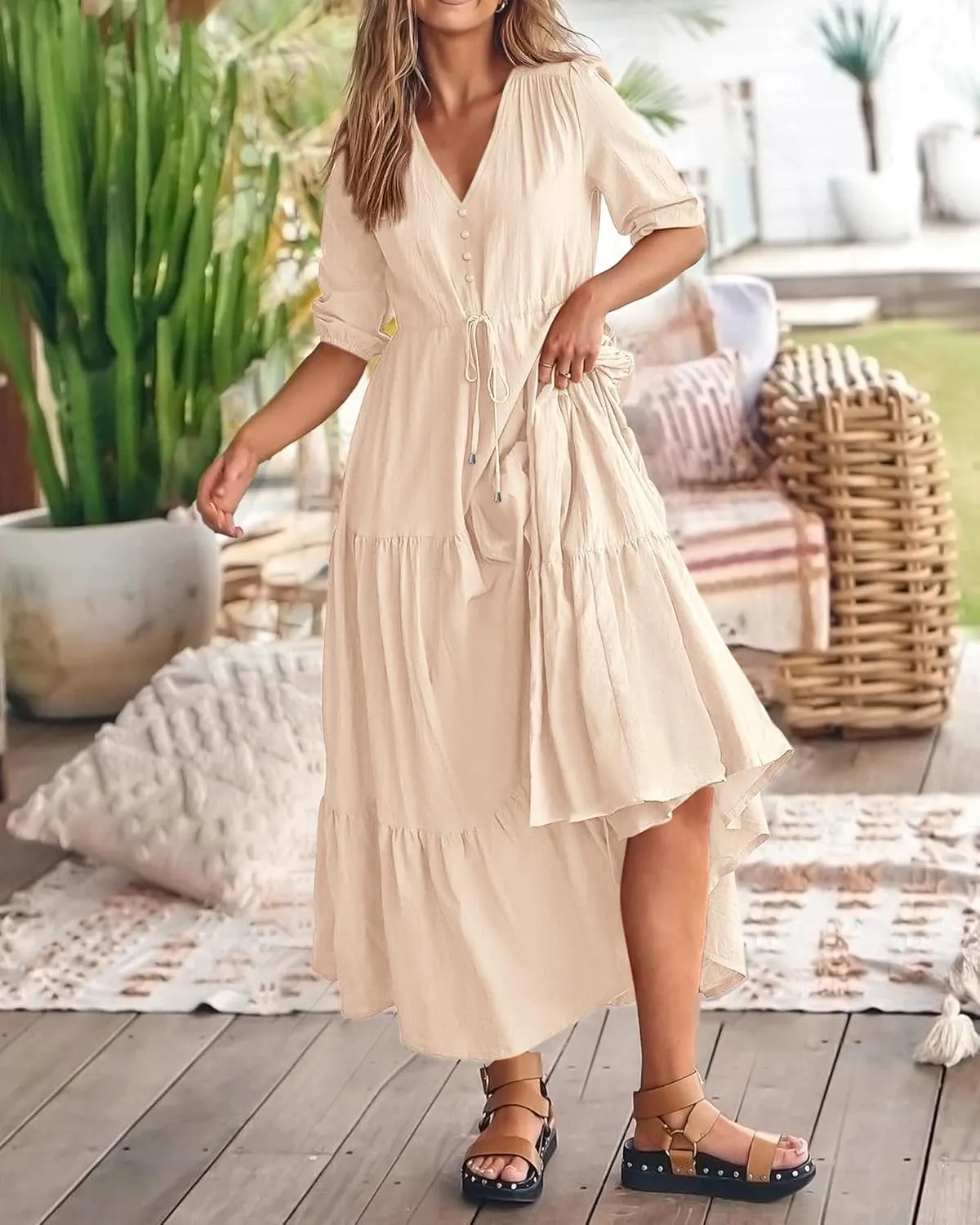BTFBM Women Summer Dresses Short Sleeves V Neck Button Drawstring Maxi Dresses Solid Color Boho Long Dresses