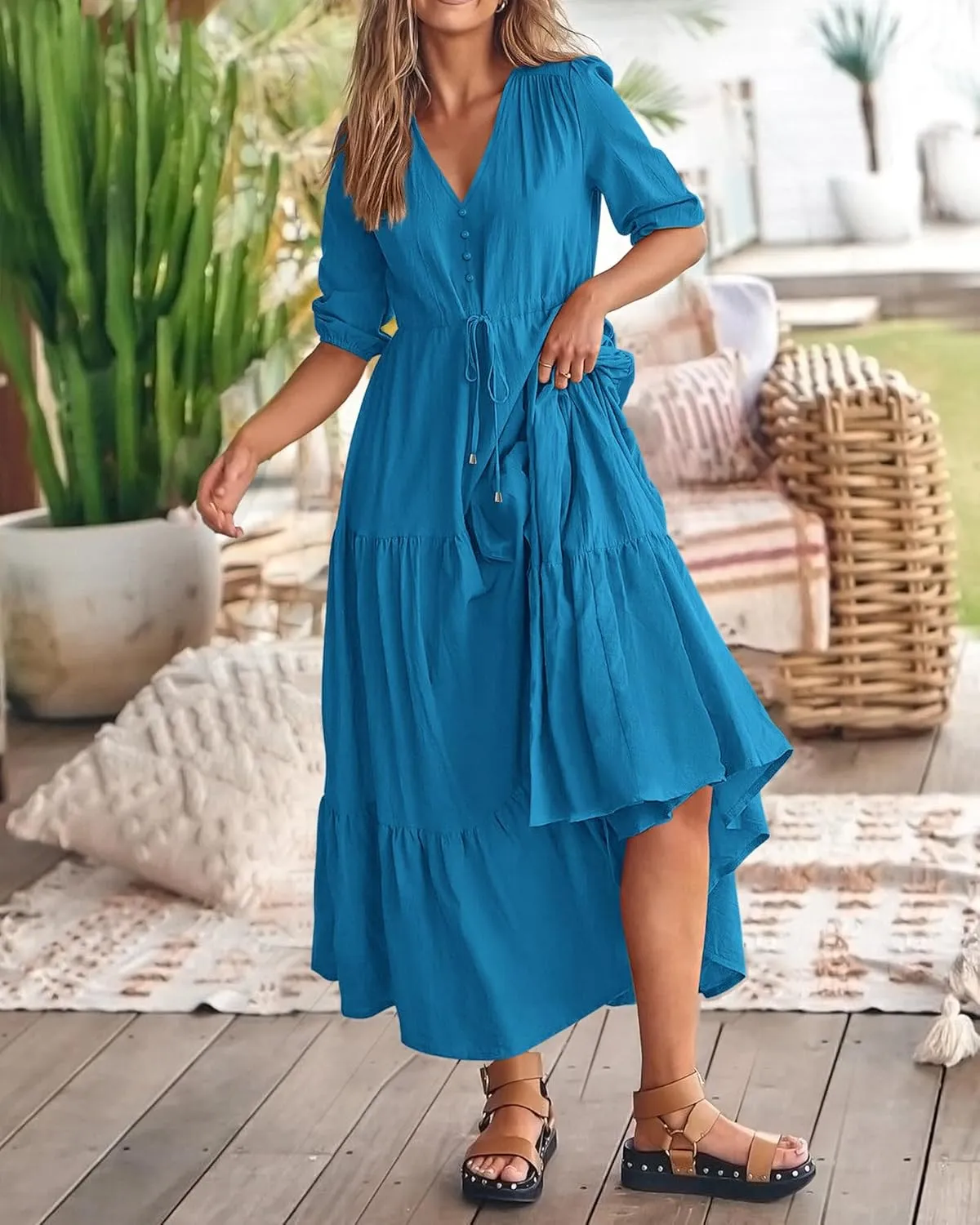 BTFBM Women Summer Dresses Short Sleeves V Neck Button Drawstring Maxi Dresses Solid Color Boho Long Dresses
