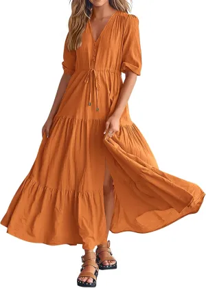 BTFBM Women Summer Dresses Short Sleeves V Neck Button Drawstring Maxi Dresses Solid Color Boho Long Dresses