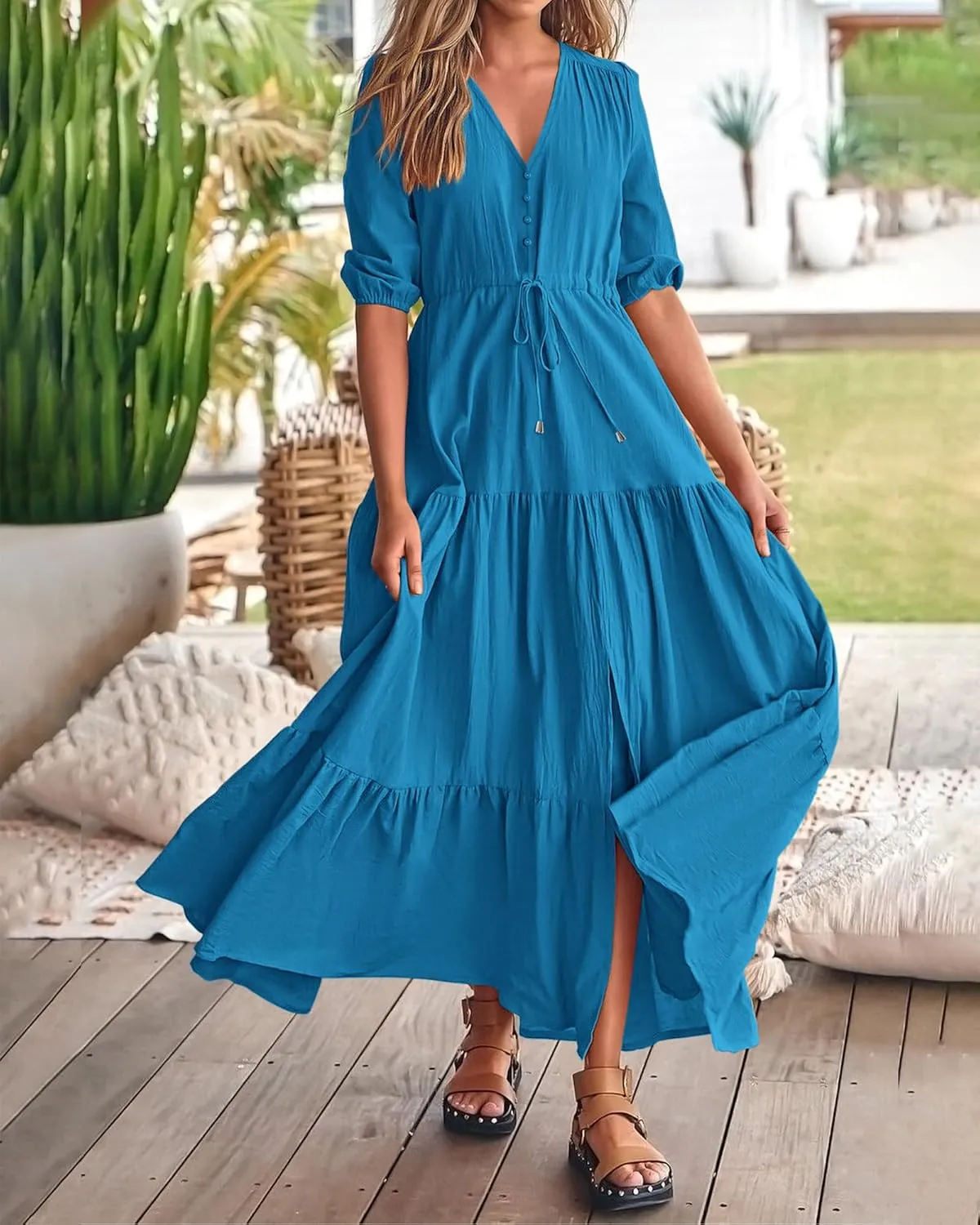BTFBM Women Summer Dresses Short Sleeves V Neck Button Drawstring Maxi Dresses Solid Color Boho Long Dresses