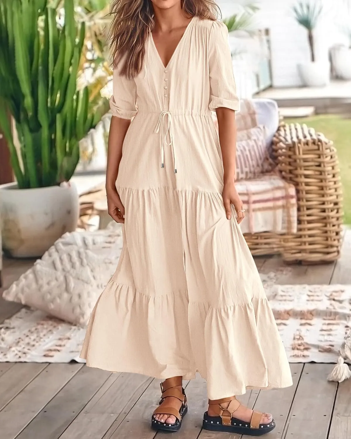 BTFBM Women Summer Dresses Short Sleeves V Neck Button Drawstring Maxi Dresses Solid Color Boho Long Dresses