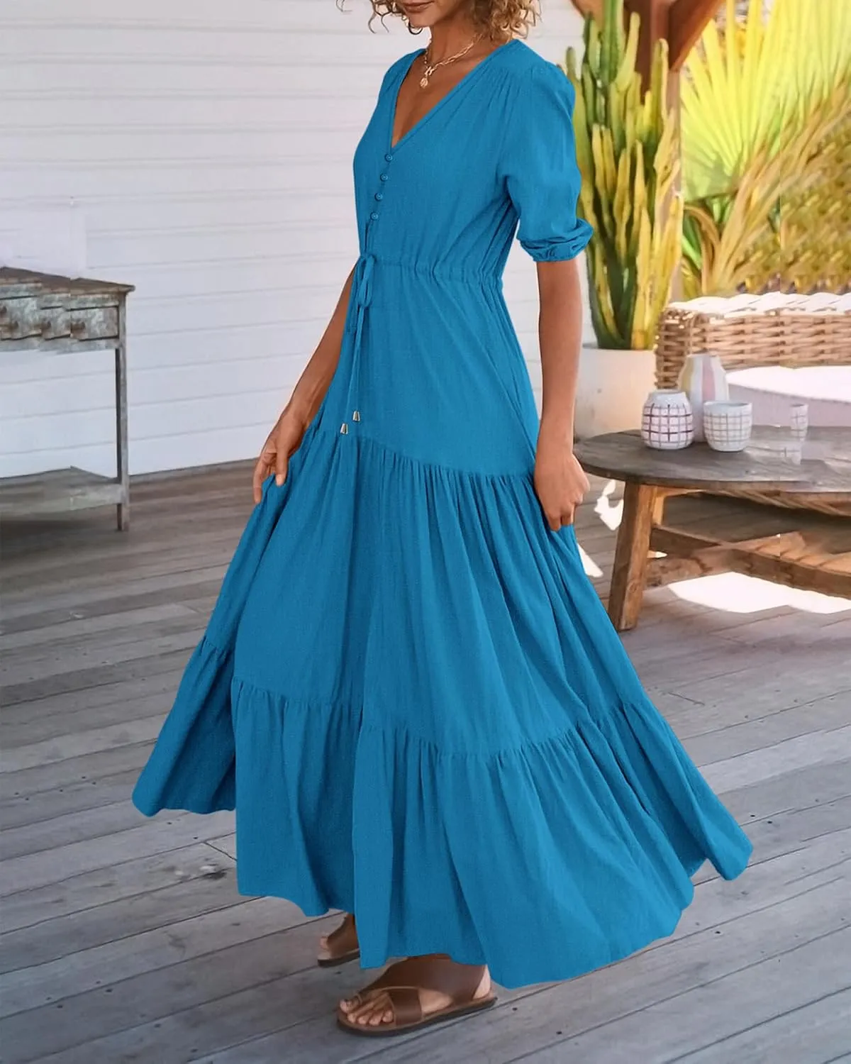 BTFBM Women Summer Dresses Short Sleeves V Neck Button Drawstring Maxi Dresses Solid Color Boho Long Dresses