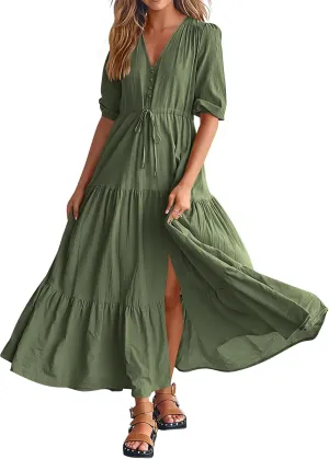 BTFBM Women Summer Dresses Short Sleeves V Neck Button Drawstring Maxi Dresses Solid Color Boho Long Dresses