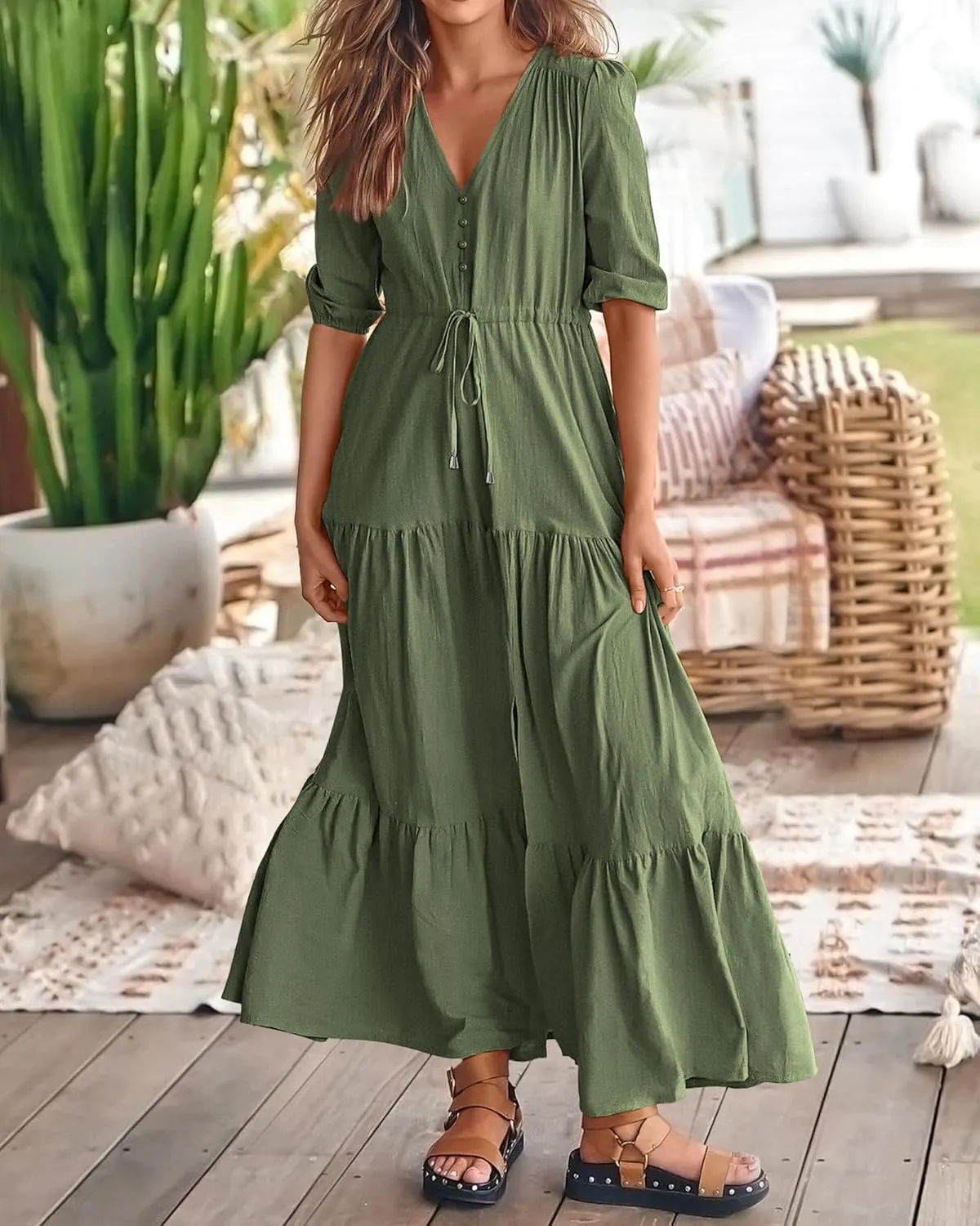 BTFBM Women Summer Dresses Short Sleeves V Neck Button Drawstring Maxi Dresses Solid Color Boho Long Dresses