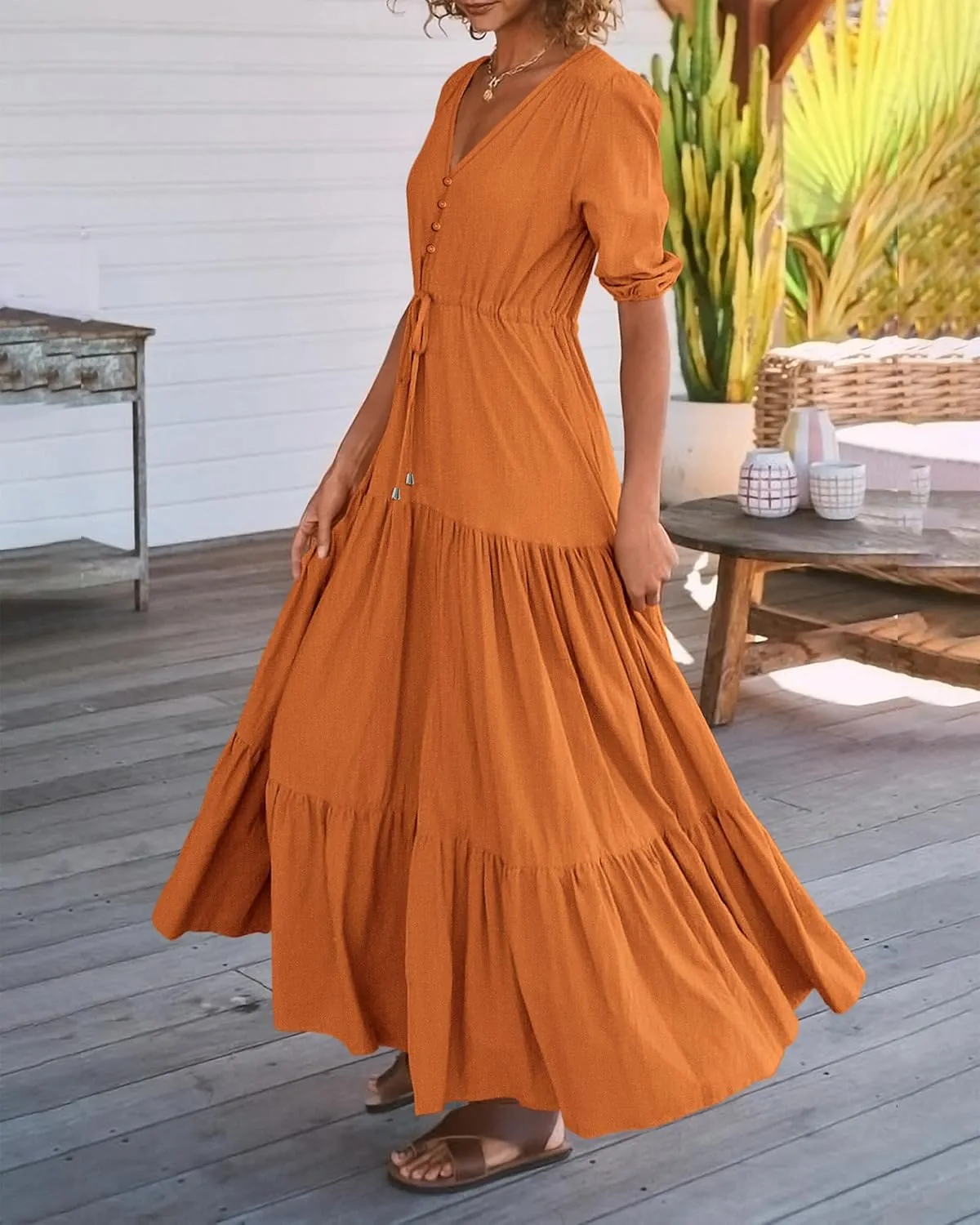 BTFBM Women Summer Dresses Short Sleeves V Neck Button Drawstring Maxi Dresses Solid Color Boho Long Dresses