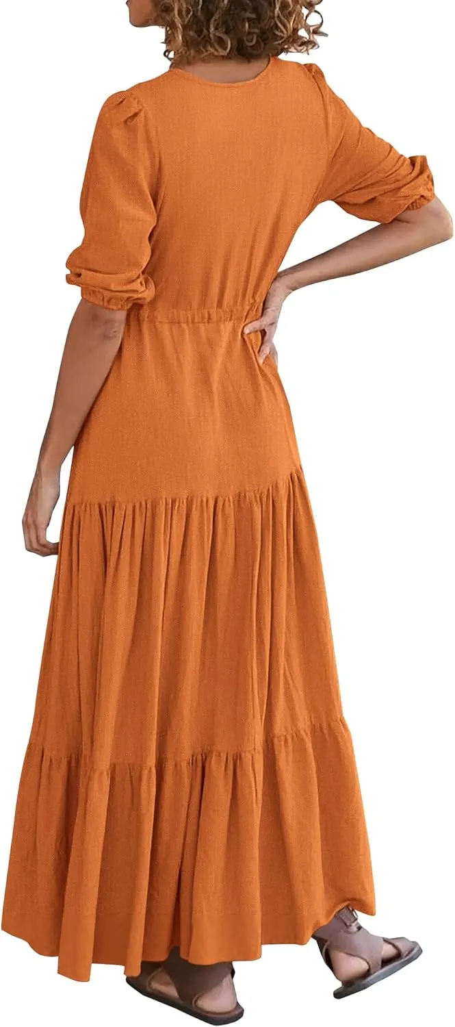 BTFBM Women Summer Dresses Short Sleeves V Neck Button Drawstring Maxi Dresses Solid Color Boho Long Dresses