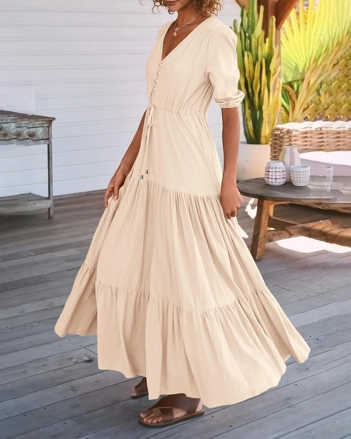 BTFBM Women Summer Dresses Short Sleeves V Neck Button Drawstring Maxi Dresses Solid Color Boho Long Dresses