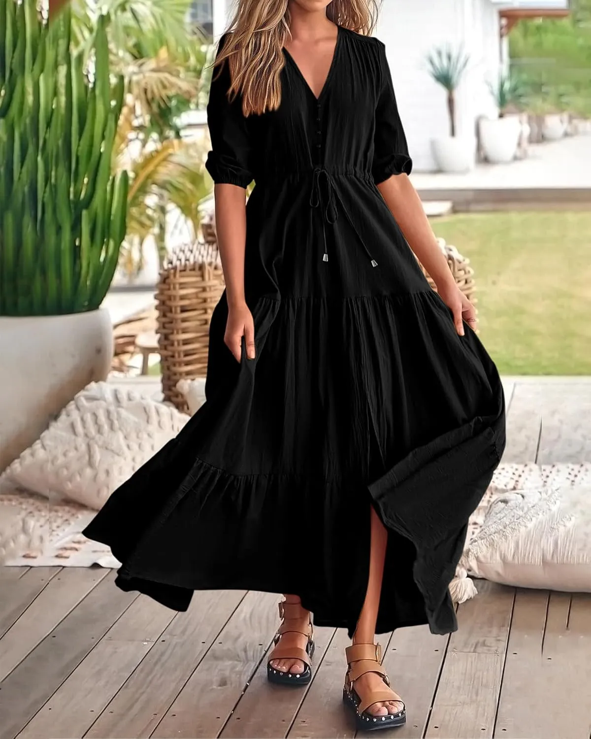 BTFBM Women Summer Dresses Short Sleeves V Neck Button Drawstring Maxi Dresses Solid Color Boho Long Dresses