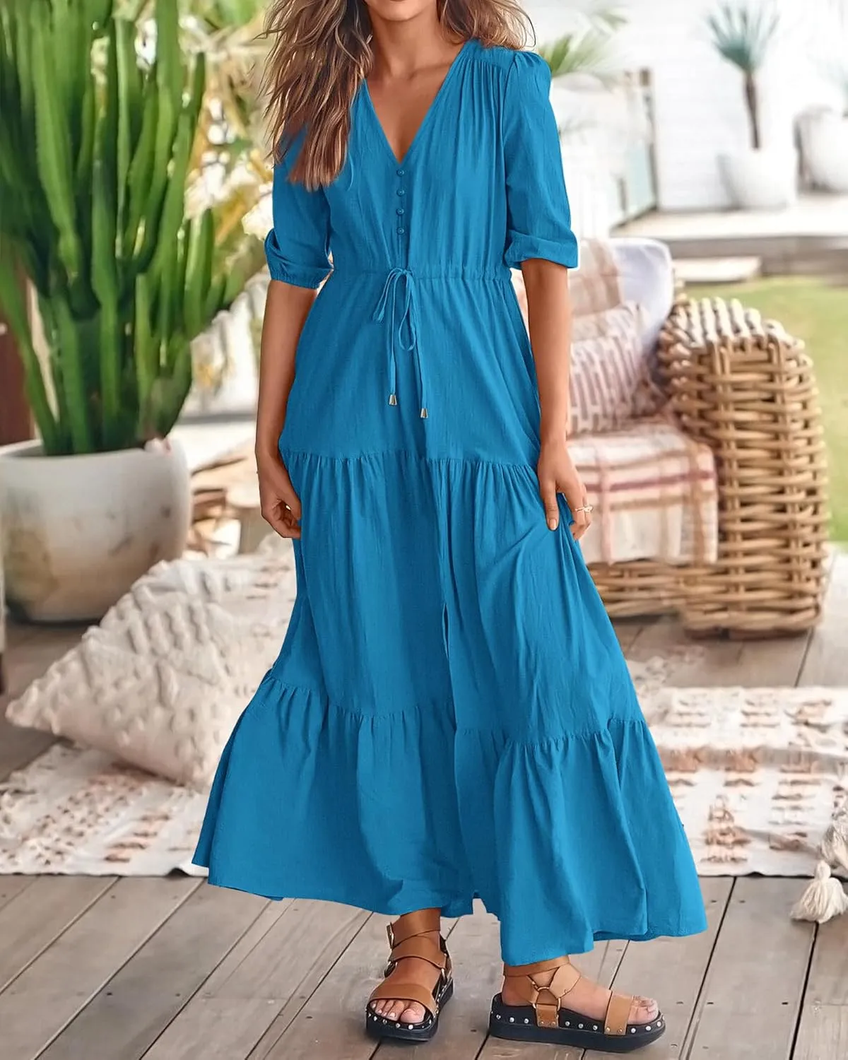 BTFBM Women Summer Dresses Short Sleeves V Neck Button Drawstring Maxi Dresses Solid Color Boho Long Dresses