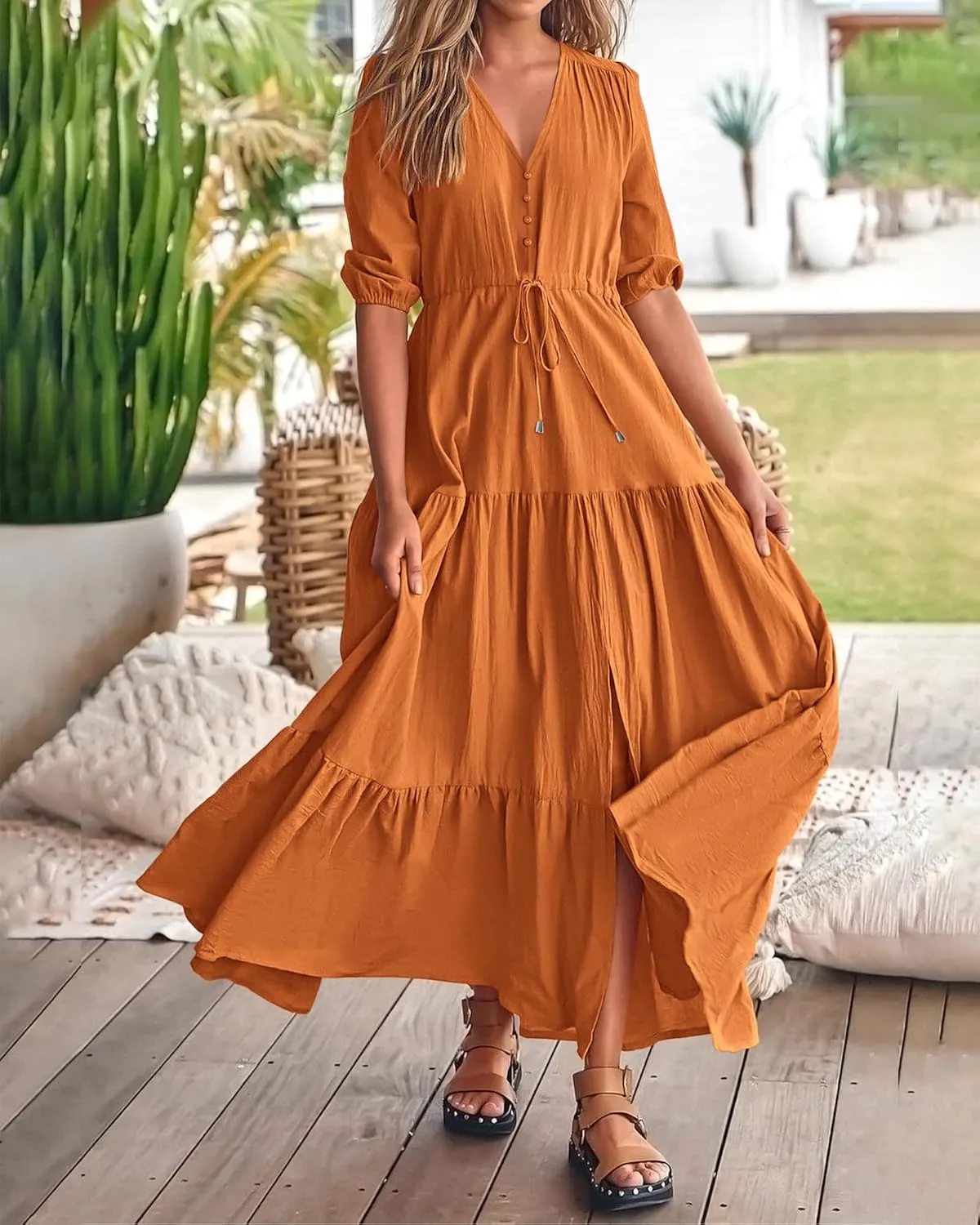 BTFBM Women Summer Dresses Short Sleeves V Neck Button Drawstring Maxi Dresses Solid Color Boho Long Dresses