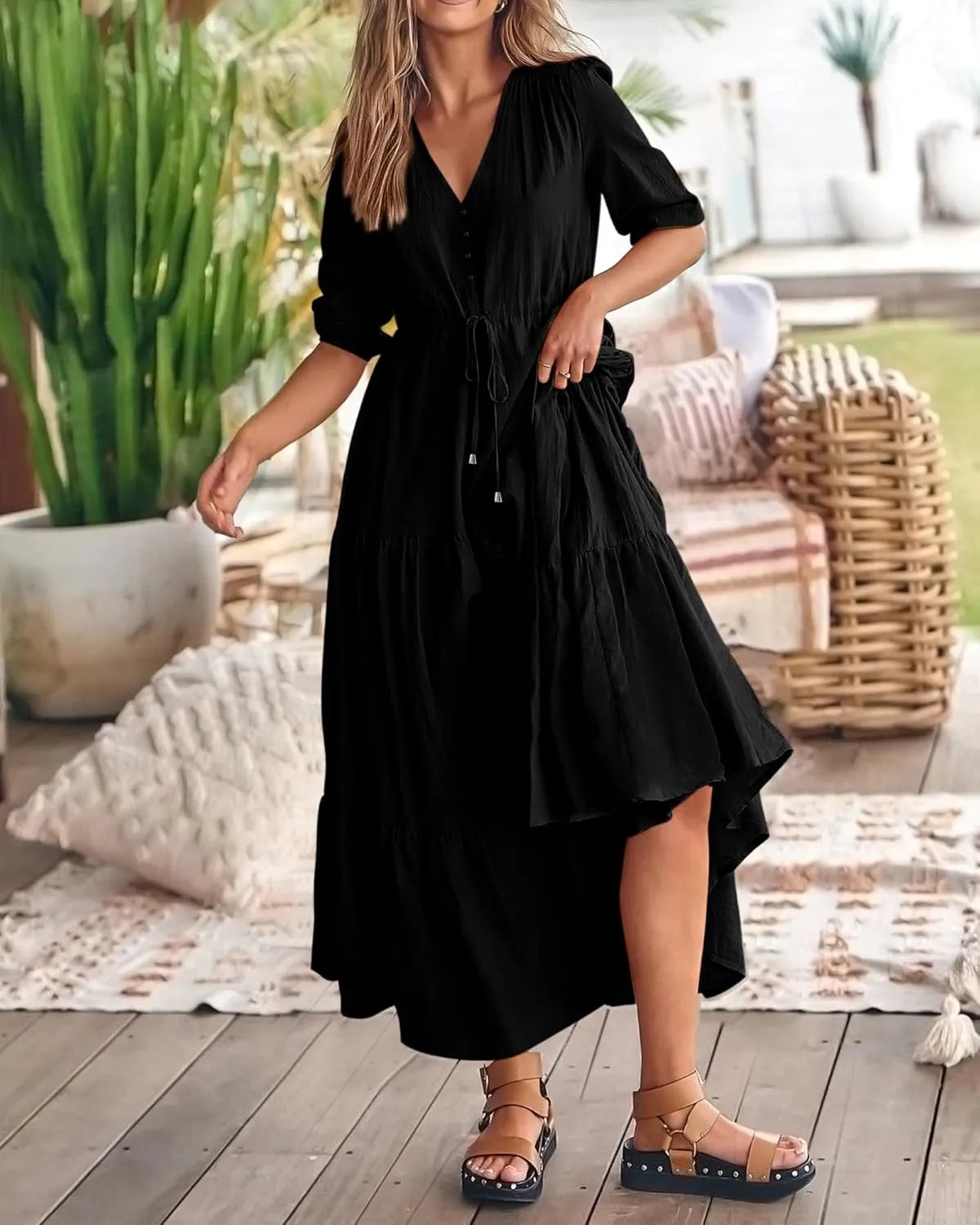 BTFBM Women Summer Dresses Short Sleeves V Neck Button Drawstring Maxi Dresses Solid Color Boho Long Dresses