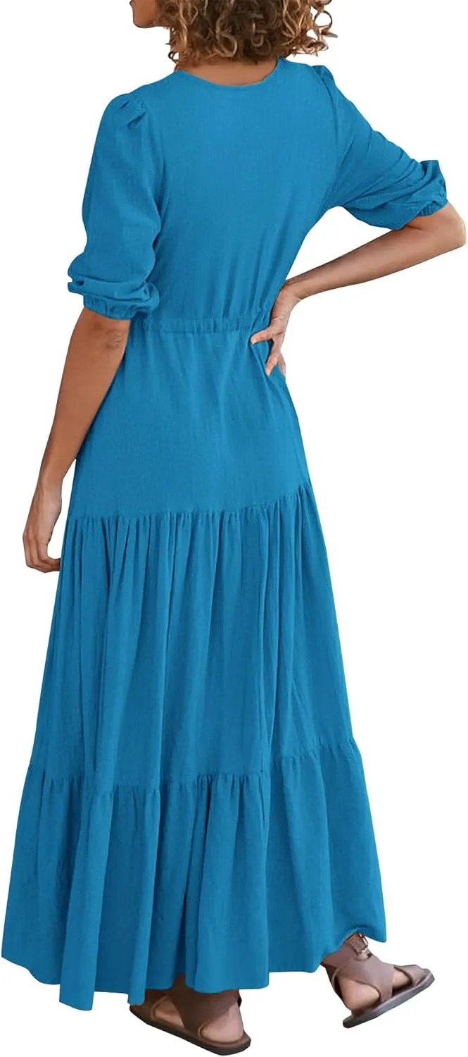 BTFBM Women Summer Dresses Short Sleeves V Neck Button Drawstring Maxi Dresses Solid Color Boho Long Dresses
