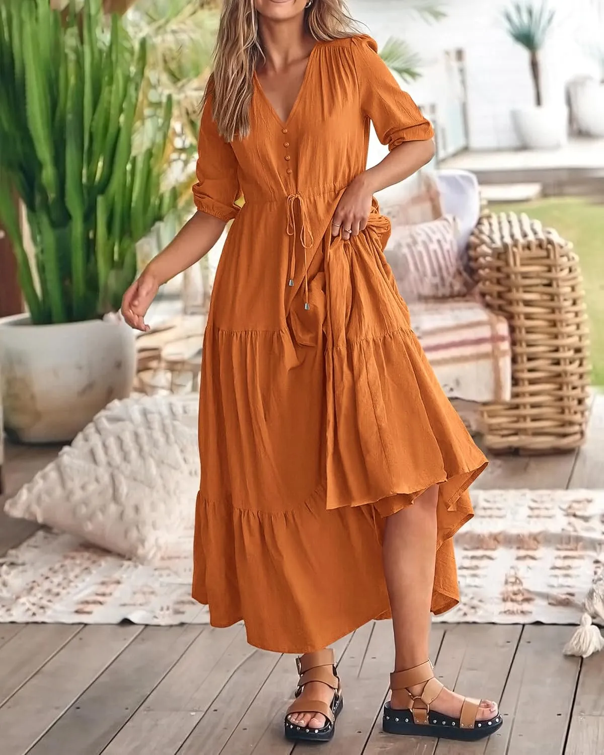BTFBM Women Summer Dresses Short Sleeves V Neck Button Drawstring Maxi Dresses Solid Color Boho Long Dresses