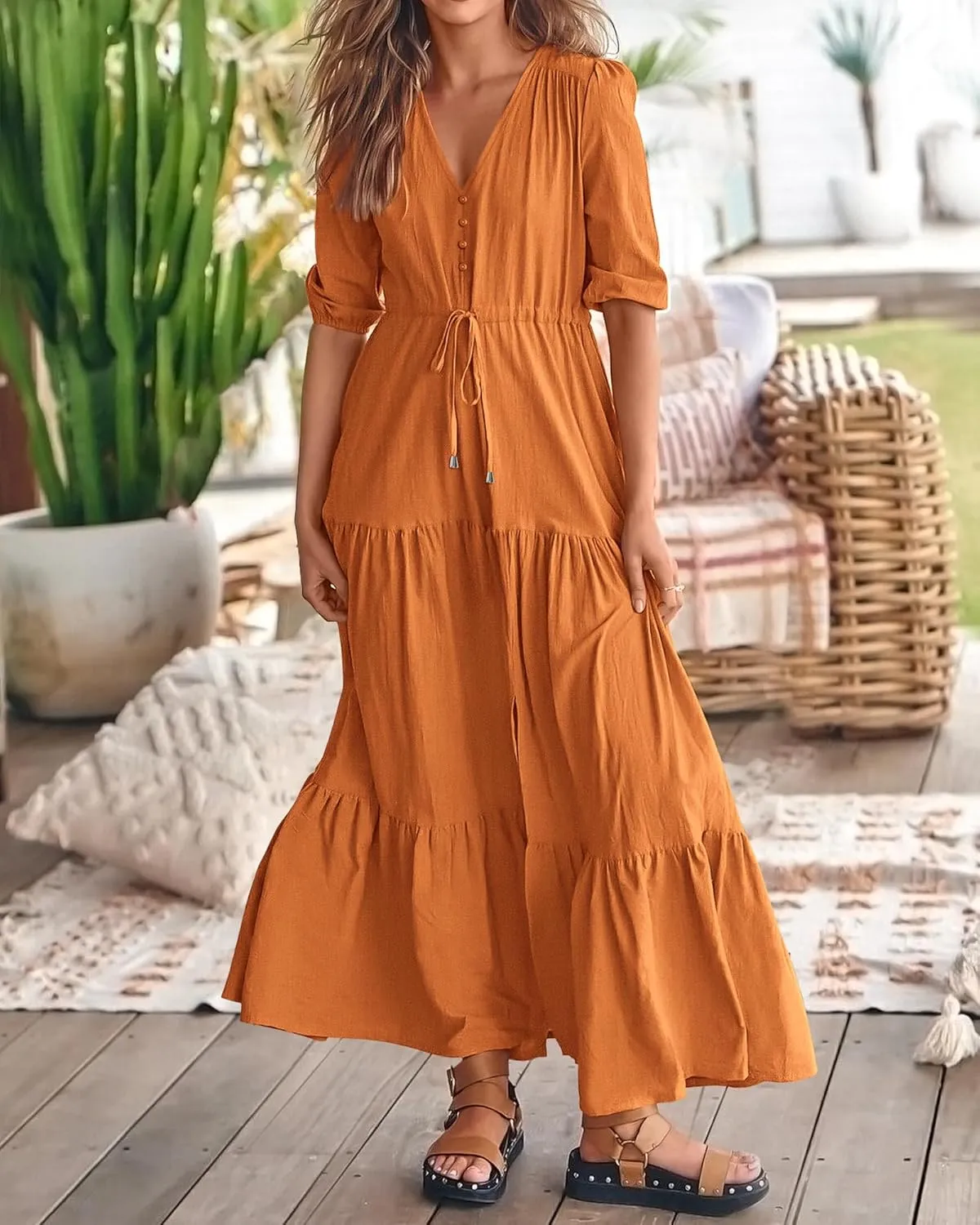 BTFBM Women Summer Dresses Short Sleeves V Neck Button Drawstring Maxi Dresses Solid Color Boho Long Dresses