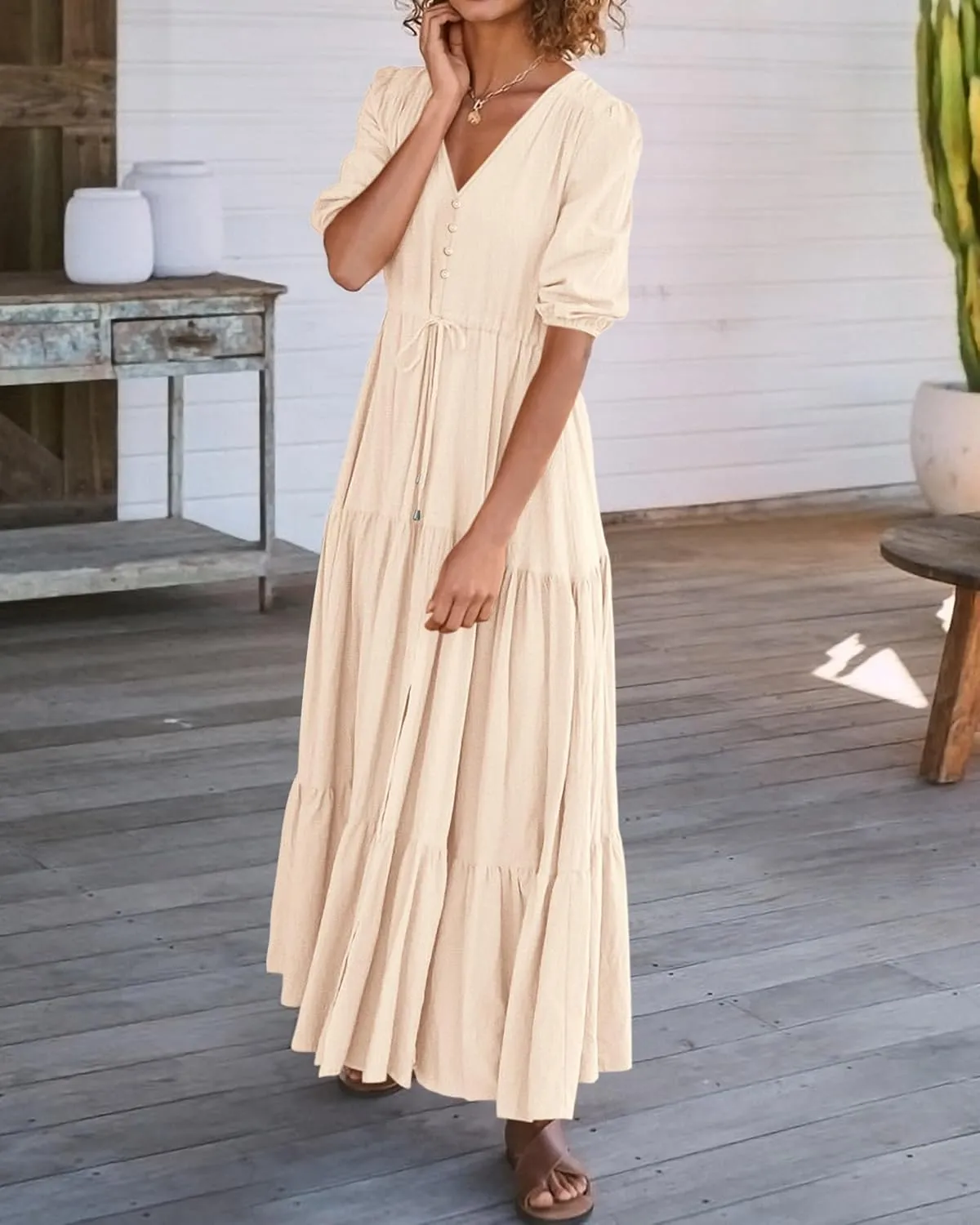 BTFBM Women Summer Dresses Short Sleeves V Neck Button Drawstring Maxi Dresses Solid Color Boho Long Dresses