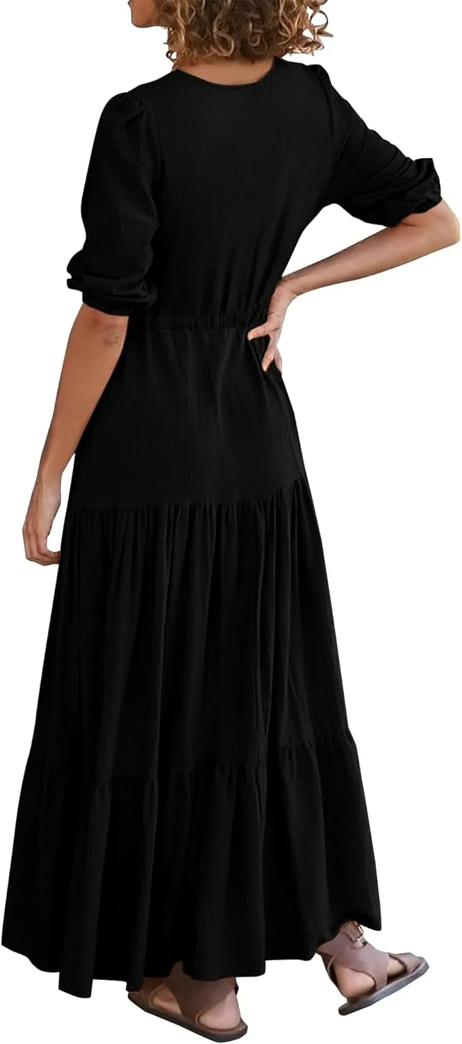 BTFBM Women Summer Dresses Short Sleeves V Neck Button Drawstring Maxi Dresses Solid Color Boho Long Dresses