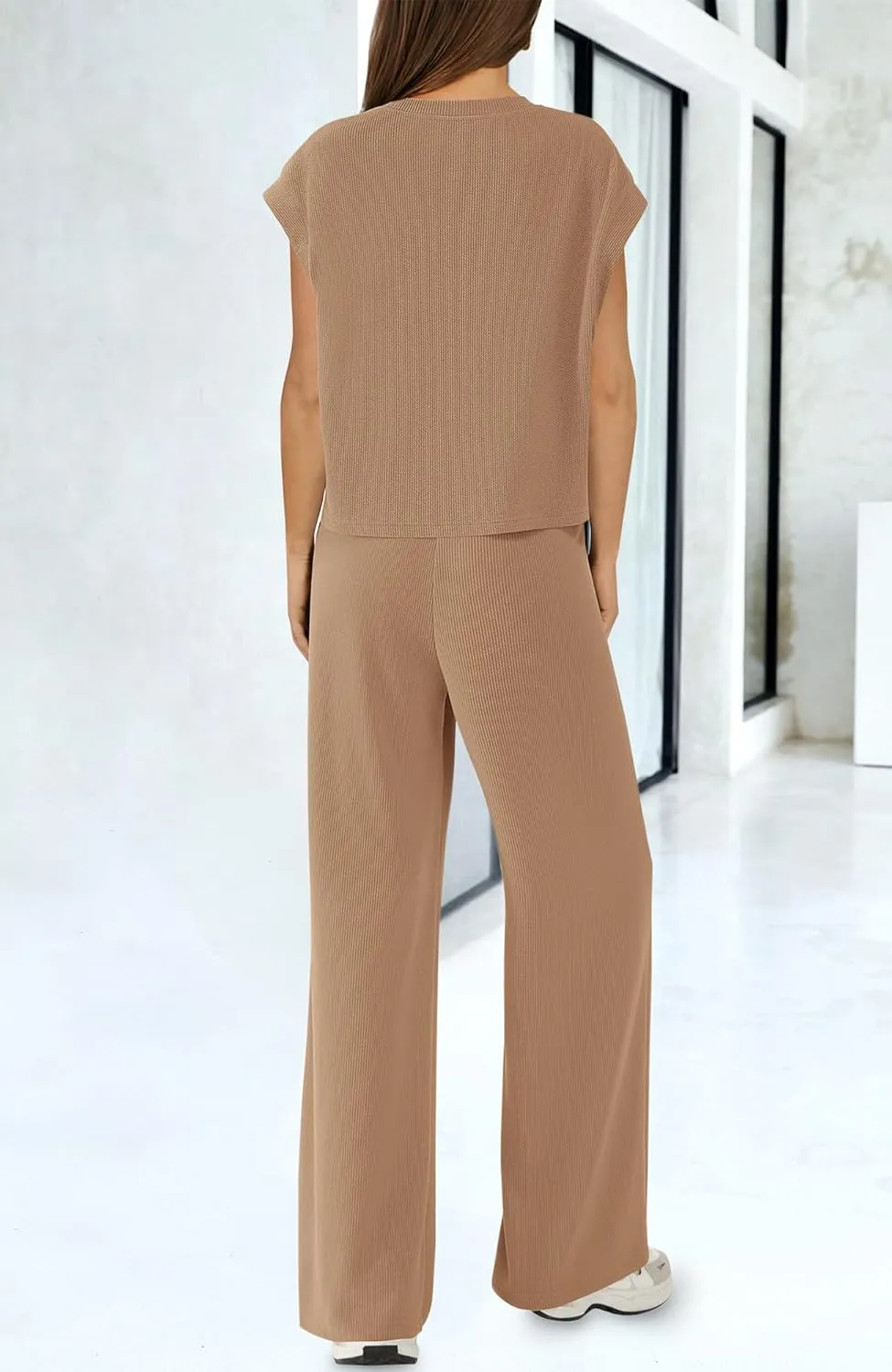 BTFBM Women Two Piece Outfits Summer Short Sleeve Knit Tops Wide Leg Pants Lounge Matching Sets Sweatsuit Airport