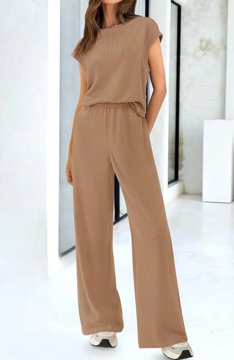 BTFBM Women Two Piece Outfits Summer Short Sleeve Knit Tops Wide Leg Pants Lounge Matching Sets Sweatsuit Airport
